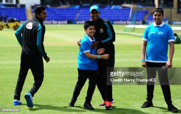 Sabbir Rahman of Bangladesh celebrates during the ICC Champions Trophy: Cricket for Good- Bangladesh event at the SWALEC Stadium on June 7, 2017 in...