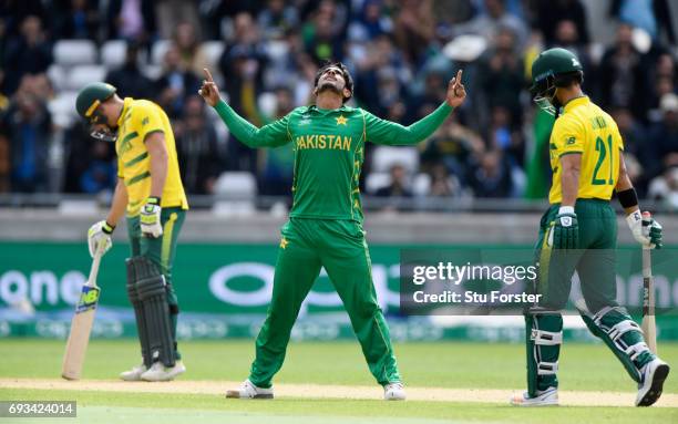Hassan Ali of Pakistan celebrates after dismissing JP Duminy of South Africa during the ICC Champions Trophy match between South Africa and Pakistan...