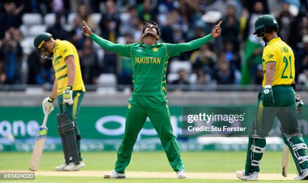 Hassan Ali of Pakistan celebrates after dismissing JP Duminy of South Africa during the ICC Champions Trophy match between South Africa and Pakistan...