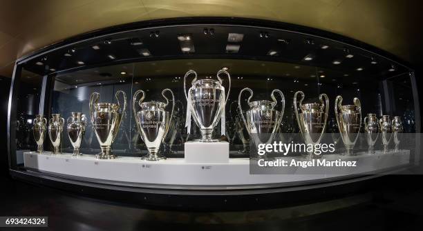 Champions League trophies are displayed in Real Madrid museum at Estadio Santiago Bernabeu on June 7, 2017 in Madrid, Spain.