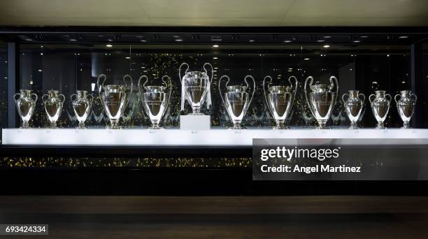 Champions League trophies are displayed in Real Madrid museum at Estadio Santiago Bernabeu on June 7, 2017 in Madrid, Spain.