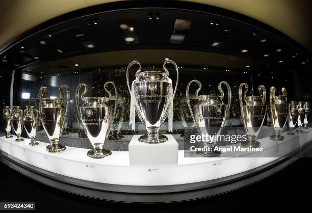 Champions League trophies are displayed in Real Madrid museum at Estadio Santiago Bernabeu on June 7, 2017 in Madrid, Spain.