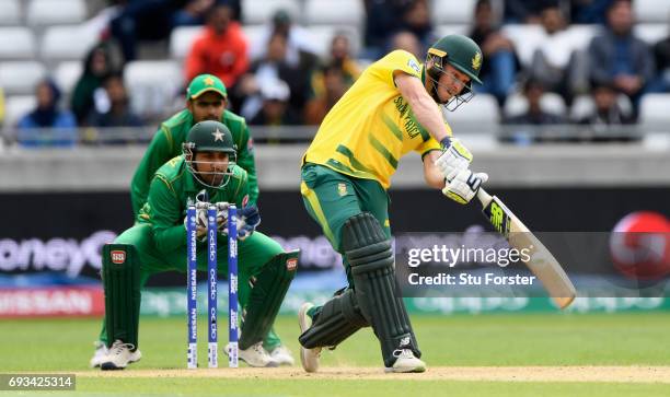 South Africa batsman David Miller hits a six during the ICC Champions Trophy match between South Africa and Pakistan at Edgbaston on June 7, 2017 in...