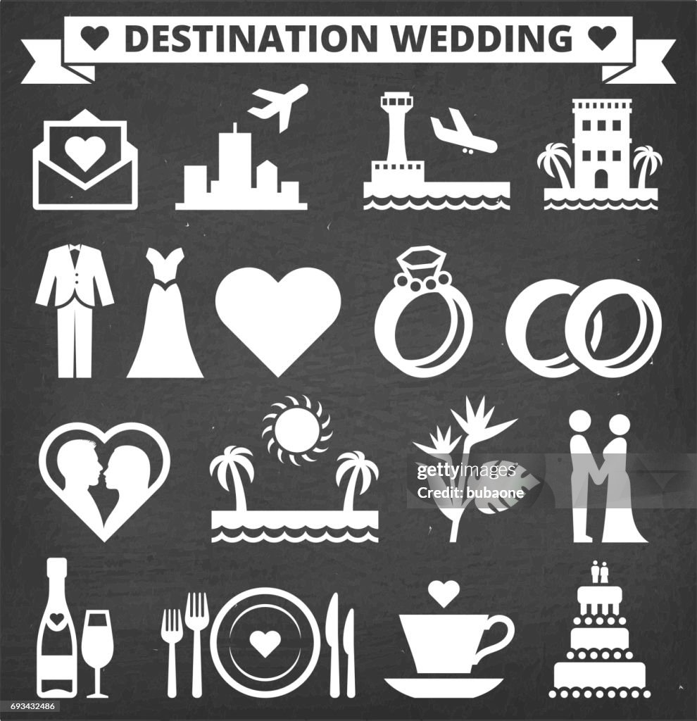 Destination Wedding Vector Icon Set on Black Chalkboard