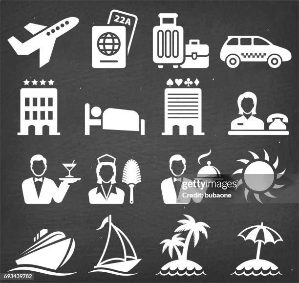 vacation travel vector icon set on black chalkboard - concierge stock illustrations