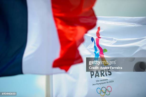 Detail view of the Paris 2024 Olympic Games flag during the day 11 of the French Open at Roland Garros on June 7, 2017 in Paris, France.