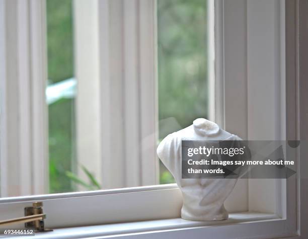 white marble bust by the window. still life. - bust sculpture stock-fotos und bilder