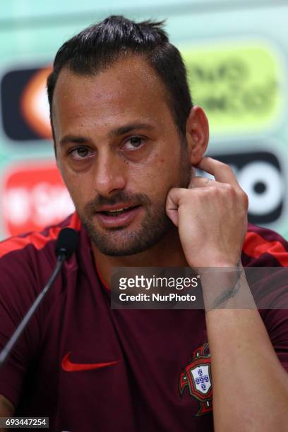Portugal's goalkeeper Beto attends a press conference before a training session at &quot;Cidade do Futebol&quot; training camp in Oeiras, outskirts...