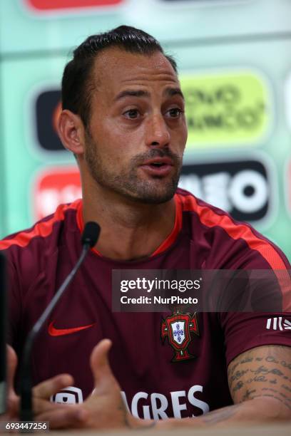 Portugal's goalkeeper Beto attends a press conference before a training session at &quot;Cidade do Futebol&quot; training camp in Oeiras, outskirts...