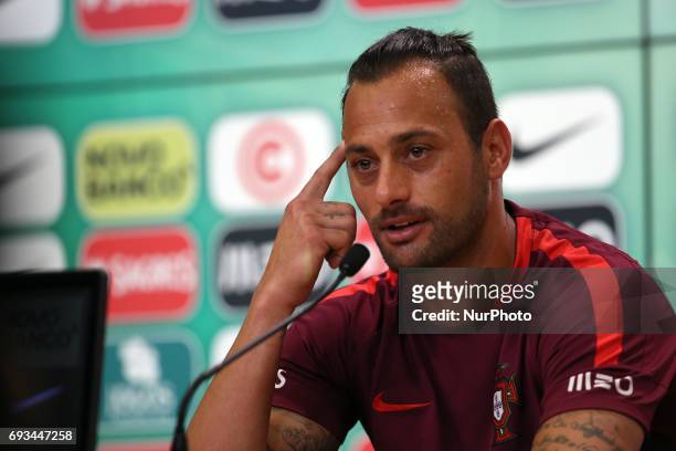 Portugal's goalkeeper Beto attends a press conference before a training session at &quot;Cidade do Futebol&quot; training camp in Oeiras, outskirts...