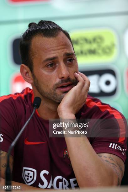 Portugal's goalkeeper Beto attends a press conference before a training session at &quot;Cidade do Futebol&quot; training camp in Oeiras, outskirts...