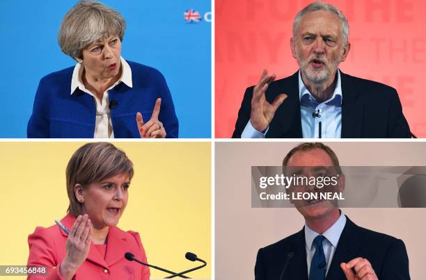 This combination of pictures made on June 6 shows Britain's Prime Minister and Leader of the Conservative party Theresa May on May 30, 2017 in...