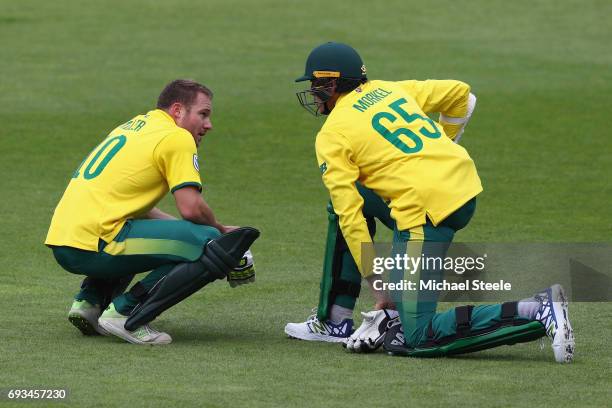 David Miller of South Africa alongside Morne Morkel during the ICC Champions Trophy match between Pakistan and South Africa at Edgbaston on June 7,...