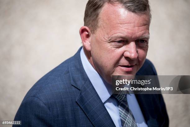 French President Emmanuel Macron welcomes Prime Minister of Denmark Lars Lokke Rasmussen for a meeting at the Elysee Palace on June 7, 2017 in Paris,...