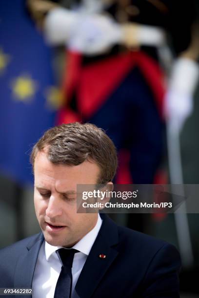 French President Emmanuel Macron welcomes Prime Minister of Denmark Lars Lokke Rasmussen for a meeting at the Elysee Palace on June 7, 2017 in Paris,...