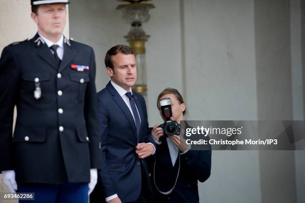 French President Emmanuel Macron welcomes Prime Minister of Denmark Lars Lokke Rasmussen for a meeting at the Elysee Palace on June 7, 2017 in Paris,...