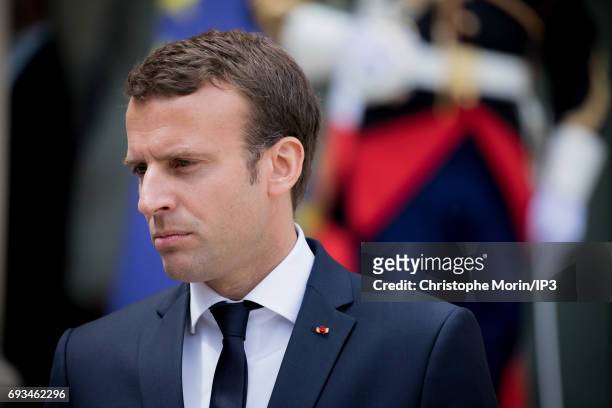 French President Emmanuel Macron welcomes Prime Minister of Denmark Lars Lokke Rasmussen for a meeting at the Elysee Palace on June 7, 2017 in Paris,...