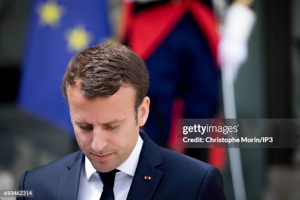 French President Emmanuel Macron welcomes Prime Minister of Denmark Lars Lokke Rasmussen for a meeting at the Elysee Palace on June 7, 2017 in Paris,...