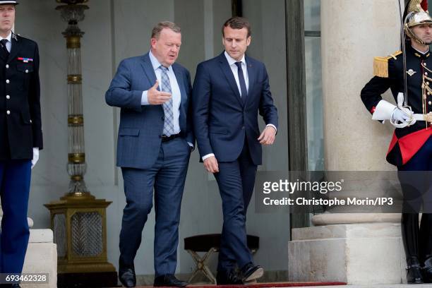 French President Emmanuel Macron welcomes Prime Minister of Denmark Lars Lokke Rasmussen for a meeting at the Elysee Palace on June 7, 2017 in Paris,...