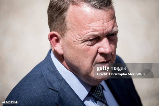 French President Emmanuel Macron welcomes Prime Minister of Denmark Lars Lokke Rasmussen for a meeting at the Elysee Palace on June 7, 2017 in Paris,...