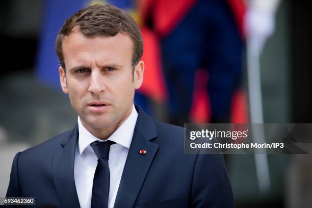 French President Emmanuel Macron welcomes Prime Minister of Denmark Lars Lokke Rasmussen for a meeting at the Elysee Palace on June 7, 2017 in Paris,...