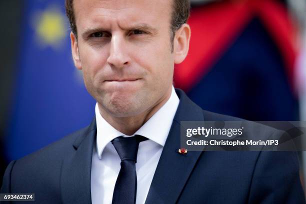 French President Emmanuel Macron welcomes Prime Minister of Denmark Lars Lokke Rasmussen for a meeting at the Elysee Palace on June 7, 2017 in Paris,...