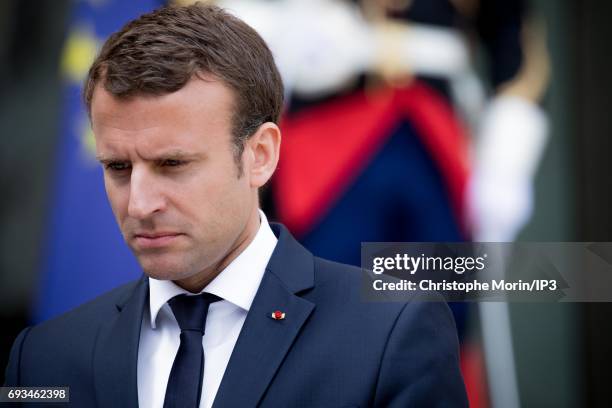 French President Emmanuel Macron welcomes Prime Minister of Denmark Lars Lokke Rasmussen for a meeting at the Elysee Palace on June 7, 2017 in Paris,...