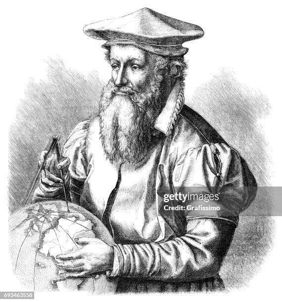 kartographen gerardus mercator mit globus 1874 - mathematiker stock-grafiken, -clipart, -cartoons und -symbole