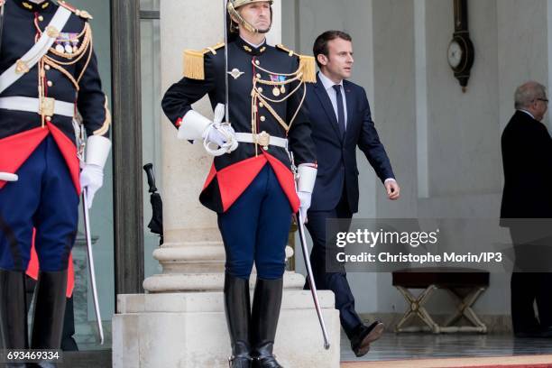 French President Emmanuel Macron welcomes Prime Minister of Denmark Lars Lokke Rasmussen for a meeting at the Elysee Palace on June 7, 2017 in Paris,...