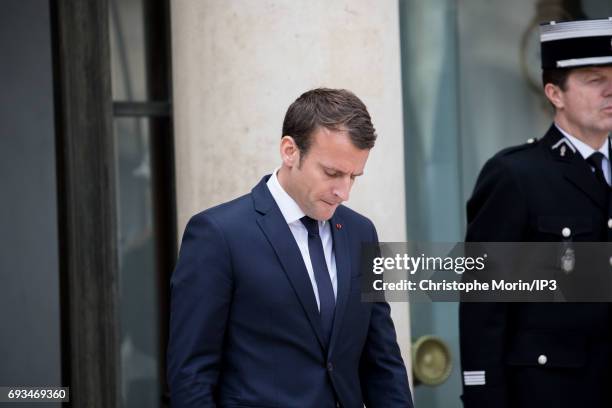 French President Emmanuel Macron welcomes Prime Minister of Denmark Lars Lokke Rasmussen for a meeting at the Elysee Palace on June 7, 2017 in Paris,...