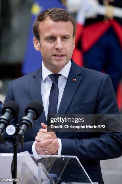 French President Emmanuel Macron welcomes Prime Minister of Denmark Lars Lokke Rasmussen for a meeting at the Elysee Palace on June 7, 2017 in Paris,...