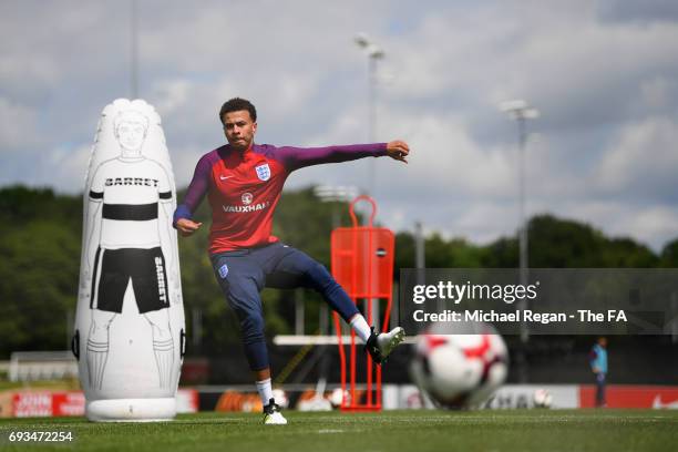 Dele Alli in action during the England training session at St Georges Park on June 7, 2017 in Burton-upon-Trent, England.