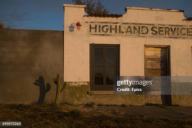 Cactus casts a shadow in the early morning sun against the wall of a building in the town of Marfa, West Texas