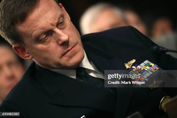 National Security Agency Director Adm. Michael Rogers testifies during a Senate Intelligence Committee hearing in the Hart Senate Office Building on...