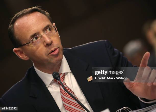 Deputy Attorney General Rod Rosenstein testifies during a Senate Intelligence Committee hearing in the Hart Senate Office Building on Capitol Hill...