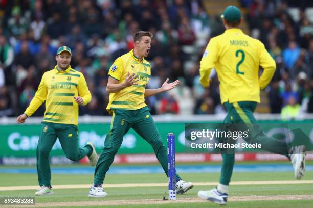 Morne Morkel of South Africa celebrates capturing the wicket of Fakhar Zaman of Pakistan during the ICC Champions Trophy match between Pakistan and...