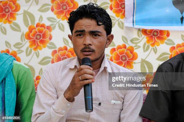 Pehlu Khan's son Irshad speaks during an Iftar get-together at Students Islamic Organisation of India , on June 7, 2017 in New Delhi, India. Pehlu...