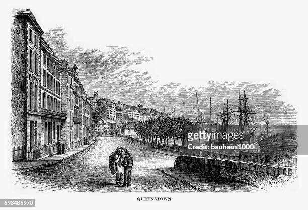 queenstown, cork, county cork, ireland victorian engraving, 1840 - cork city ireland stock illustrations