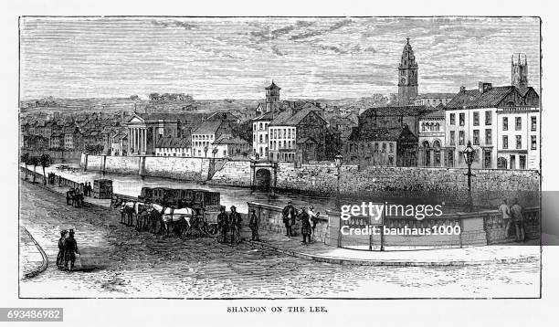 shandon on the lee, cork, county cork, ireland victorian engraving, 1840 - cobblestone stock illustrations