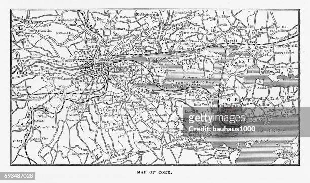 map of cork, county cork, ireland victorian engraving, 1840 - river lee cork stock illustrations