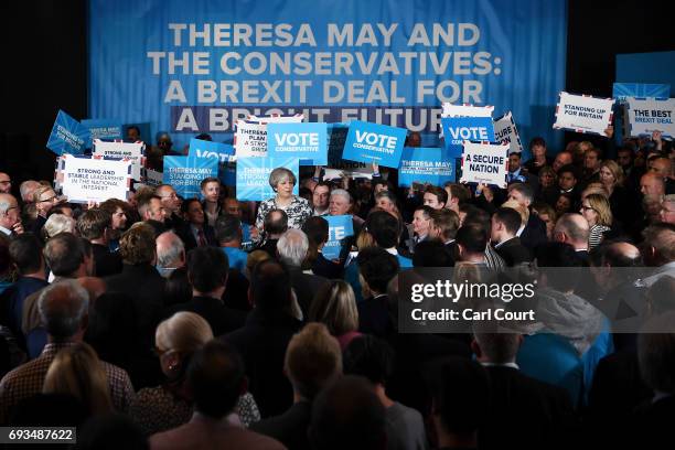 Prime Minister Theresa May speaks during her last campaign visit at the National Conference Centre on June 7, 2017 in Solihull, United Kingdom....