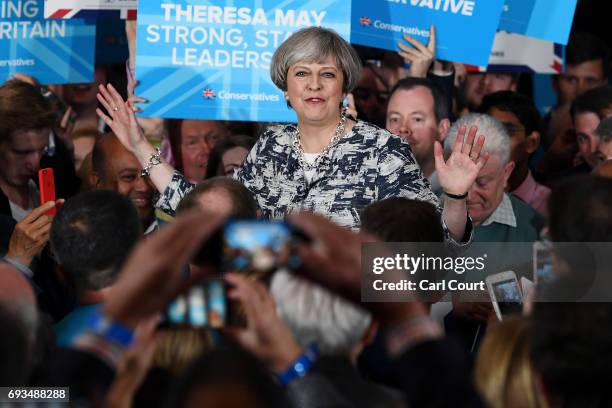 Prime Minister Theresa May speaks during her last campaign visit at the National Conference Centre on June 7, 2017 in Solihull, United Kingdom....