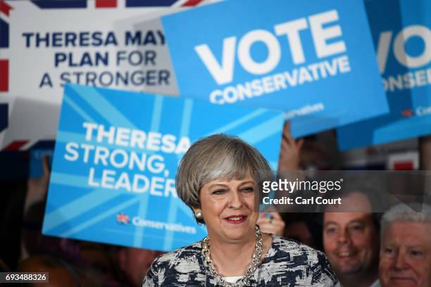 Prime Minister Theresa May speaks during her last campaign visit at the National Conference Centre on June 7, 2017 in Solihull, United Kingdom....