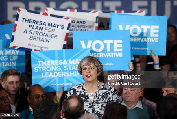 Prime Minister Theresa May speaks during her last campaign visit at the National Conference Centre on June 7, 2017 in Solihull, United Kingdom....