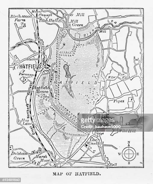 illustrazioni stock, clip art, cartoni animati e icone di tendenza di mappa di hatfield, hertfordshire, inghilterra incisione vittoriana, 1840 - lea
