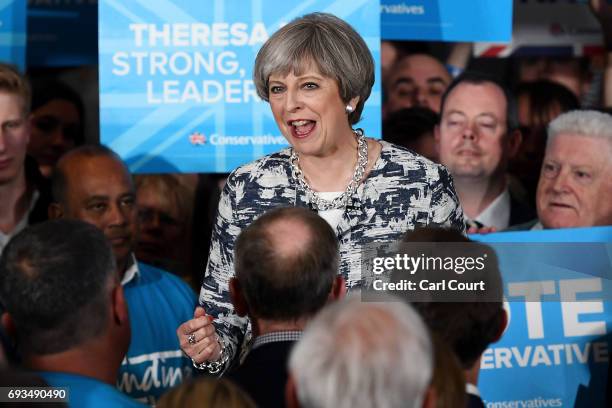 Prime Minister Theresa May speaks during her last campaign visit at the National Conference Centre on June 7, 2017 in Solihull, United Kingdom....