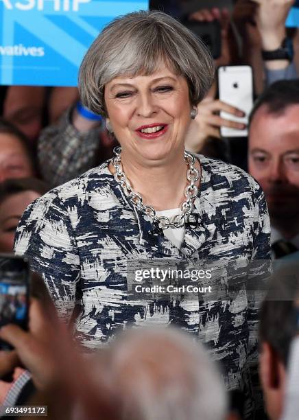 Prime Minister Theresa May speaks during her last campaign visit at the National Conference Centre on June 7, 2017 in Solihull, United Kingdom....