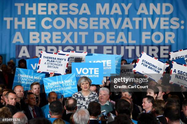 Prime Minister Theresa May speaks during her last campaign visit at the National Conference Centre on June 7, 2017 in Solihull, United Kingdom....