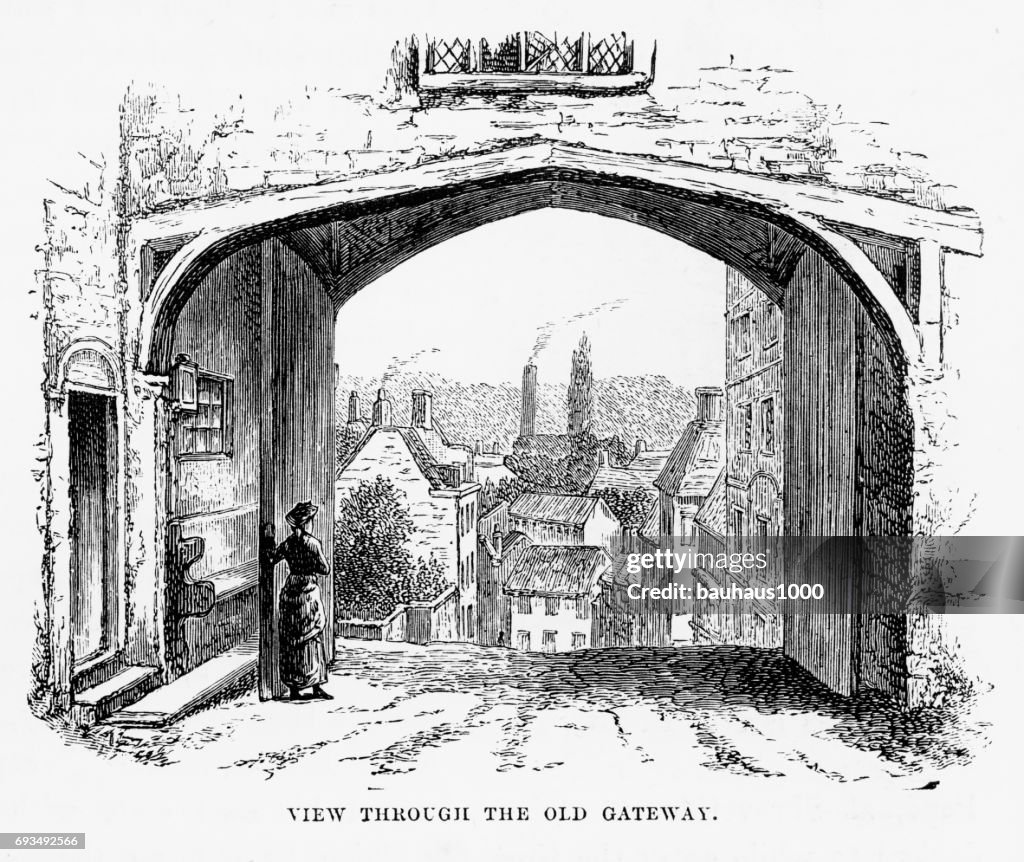 Hatfield Through the Old Gateway, Hertfordshire, England Victorian Engraving, 1840