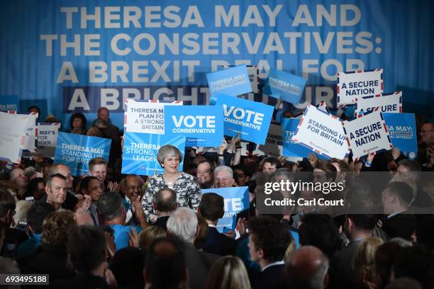 Prime Minister Theresa May speaks during her last campaign visit at the National Conference Centre on June 7, 2017 in Solihull, United Kingdom....